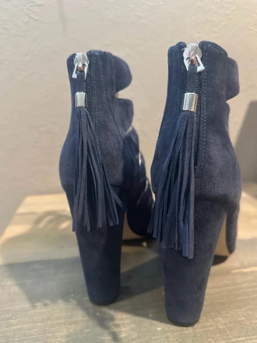 Marc Fisher Navy Suede Tassel Block Heel Booties